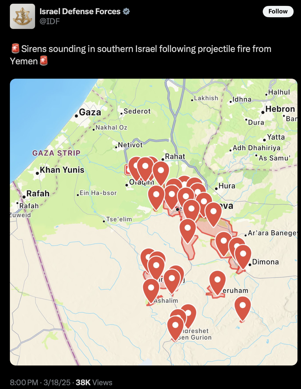 Map shows locations across southern Israel where sirens sounded on Tuesday after the Houthis launched a ballistic missile