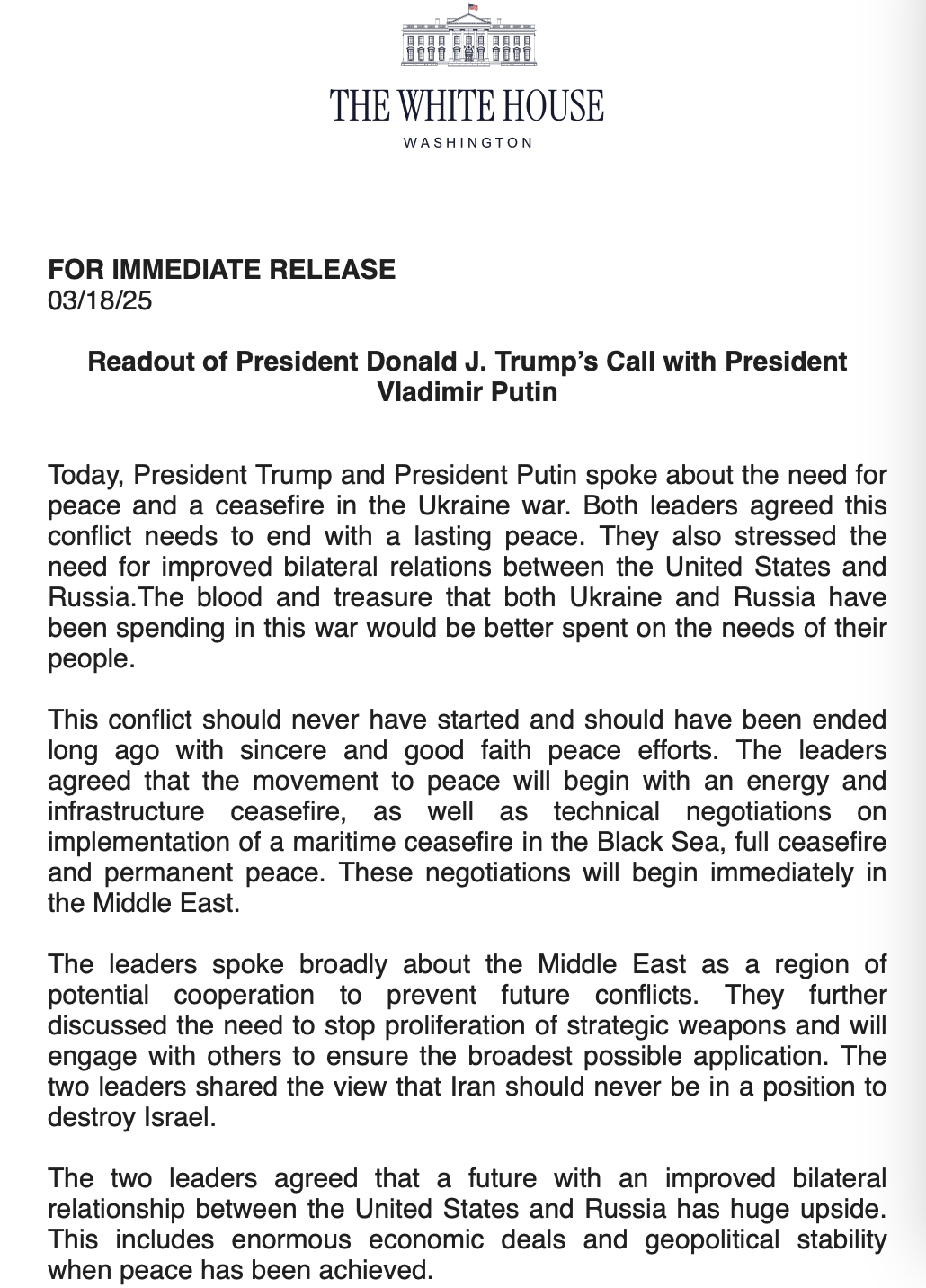 Trump-Putin phone call readout from the White House on 18 March, 2025.
