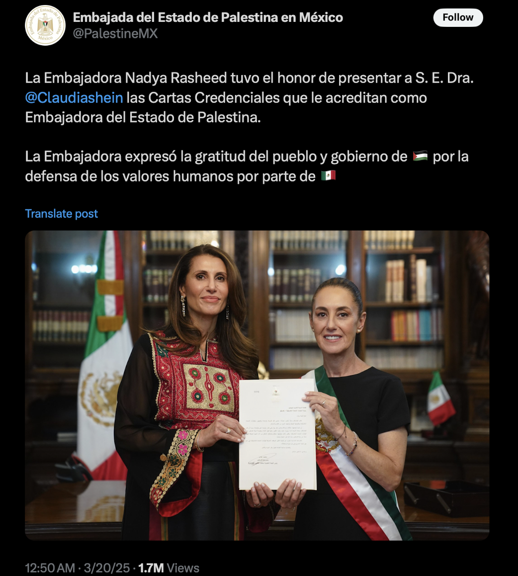 The new Palestinian ambassador to Mexico is greeted by the Mexican president on 19 March 2025