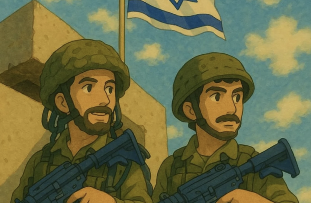 Studio Ghibli-style animation of Israeli soldiers waging the war on Gaza