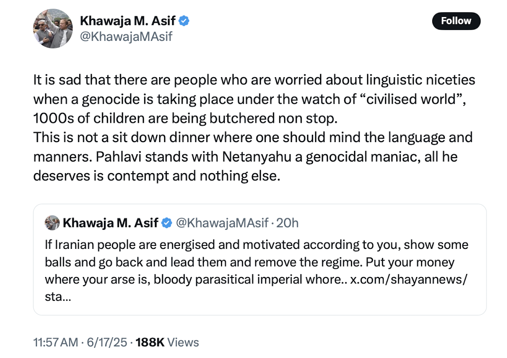 Khawaja Asif doubles down on personal insults directed at Reza Pahlavi