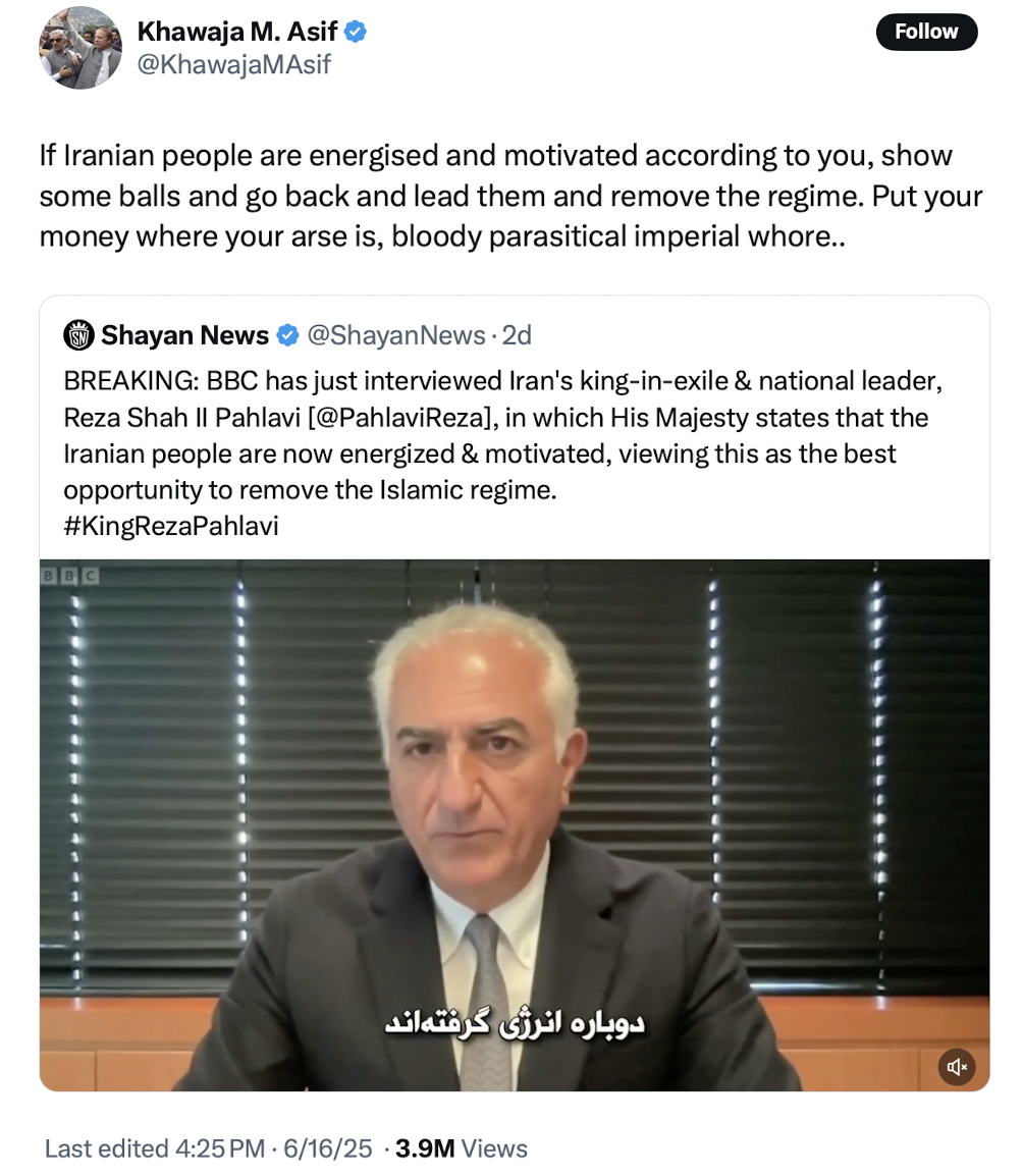 Pakistan's defence minister goes after son of Iran's former Shah with insults on X