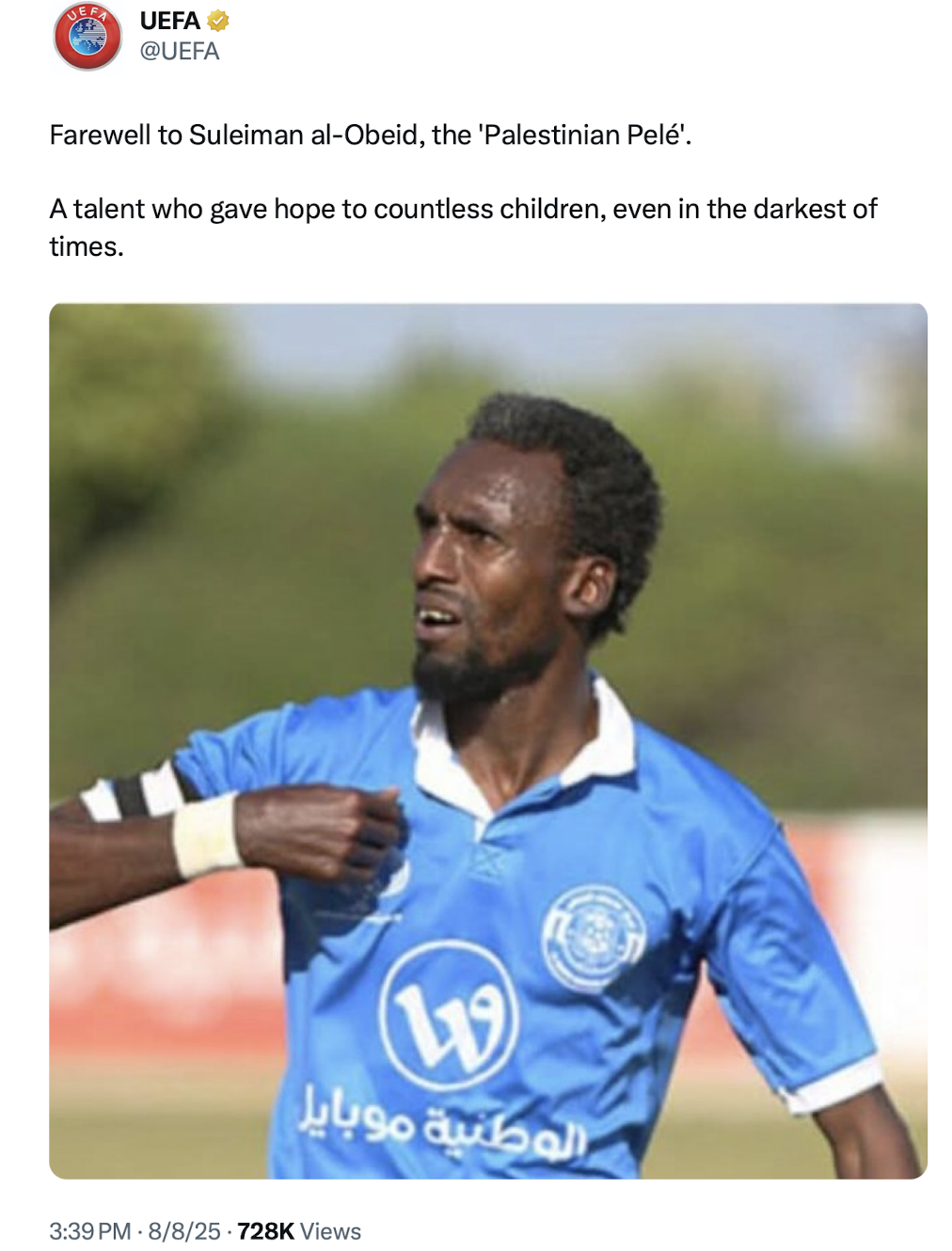 Uefa briefly pays tribute to Palestinian footballer Suleiman al-Obeid, without mentioning who killed him or where he died (X/@Uefa)