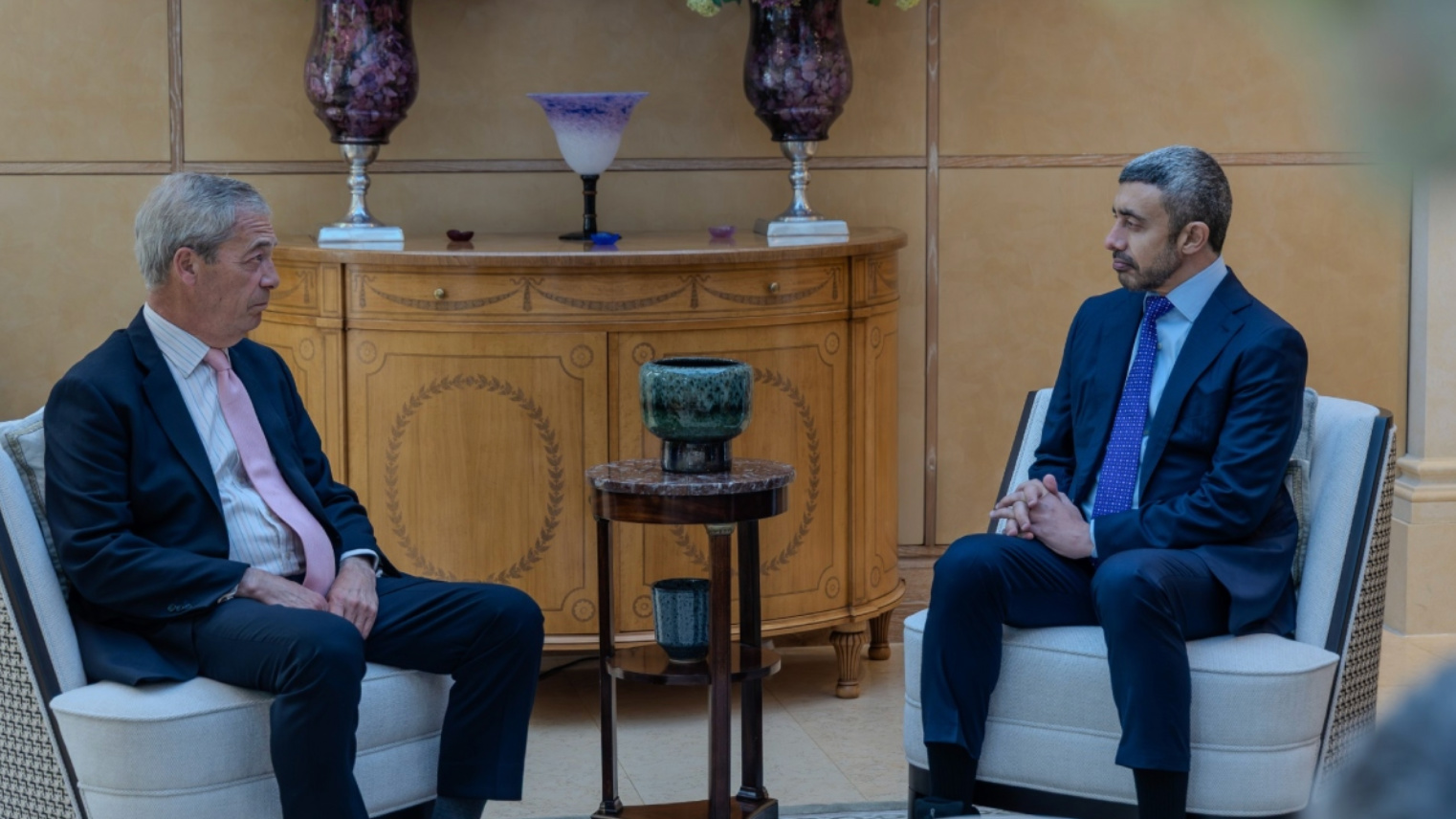 UAE Foreign Minister Abdullah bin Zayed Al Nahyan meets Reform UK leader Nigel Farage in London on 15 May 2026 (Screengrab/X)