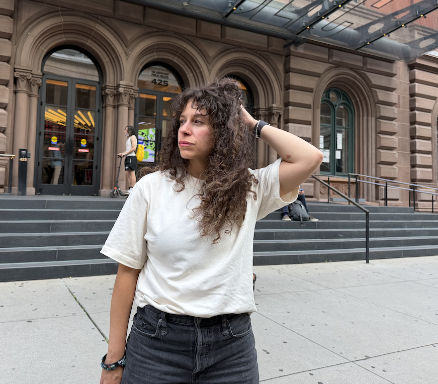 Palestinian-American performing artist Dana Saleh Omar stands outside The Public Theater in New York City on 17 July 2026 (Mounira Elsamra/MEE)