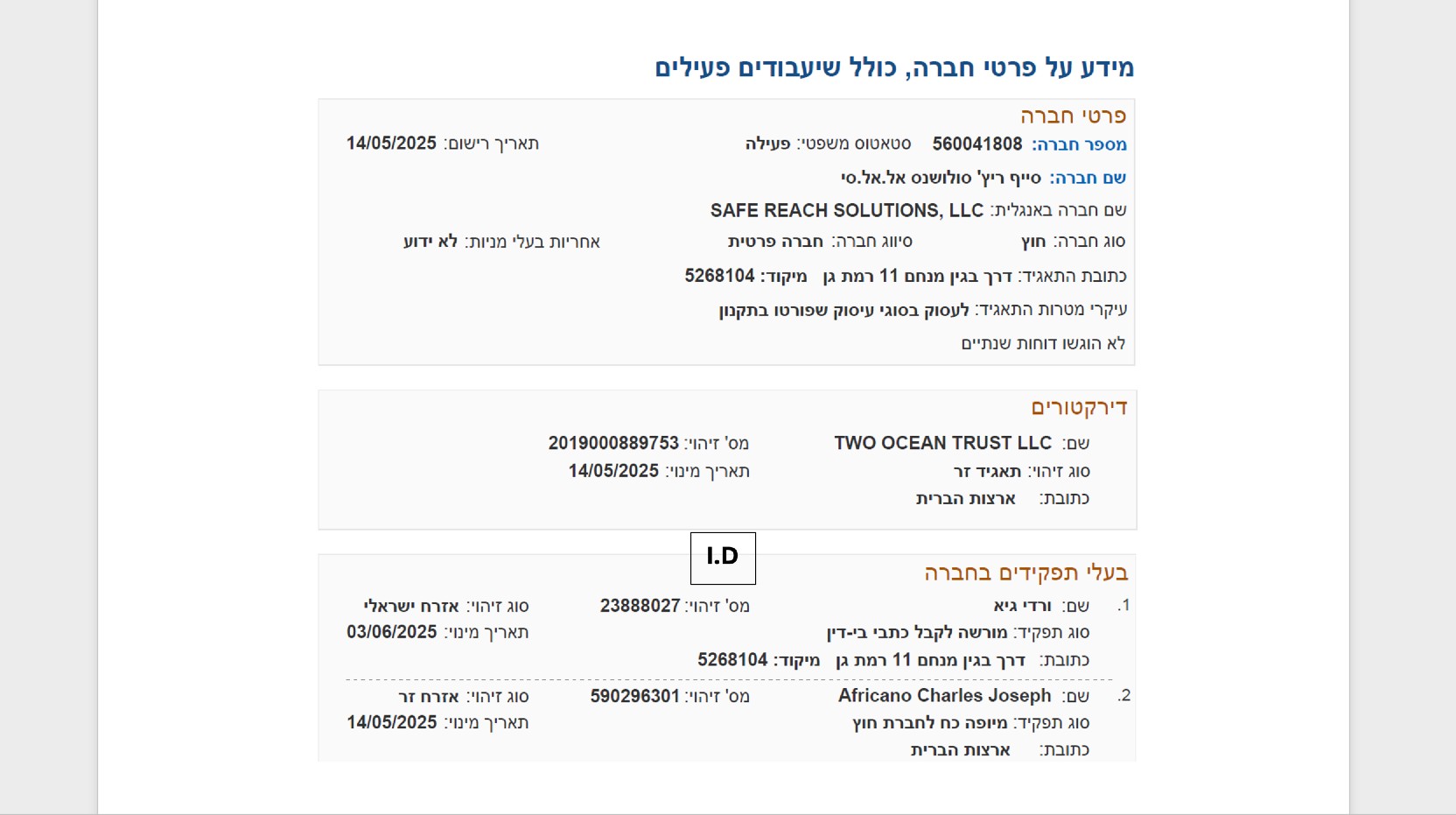 Screenshot of Safe Reach Solutions registration filing wiht the Israeli Ministry of Justice made last month  