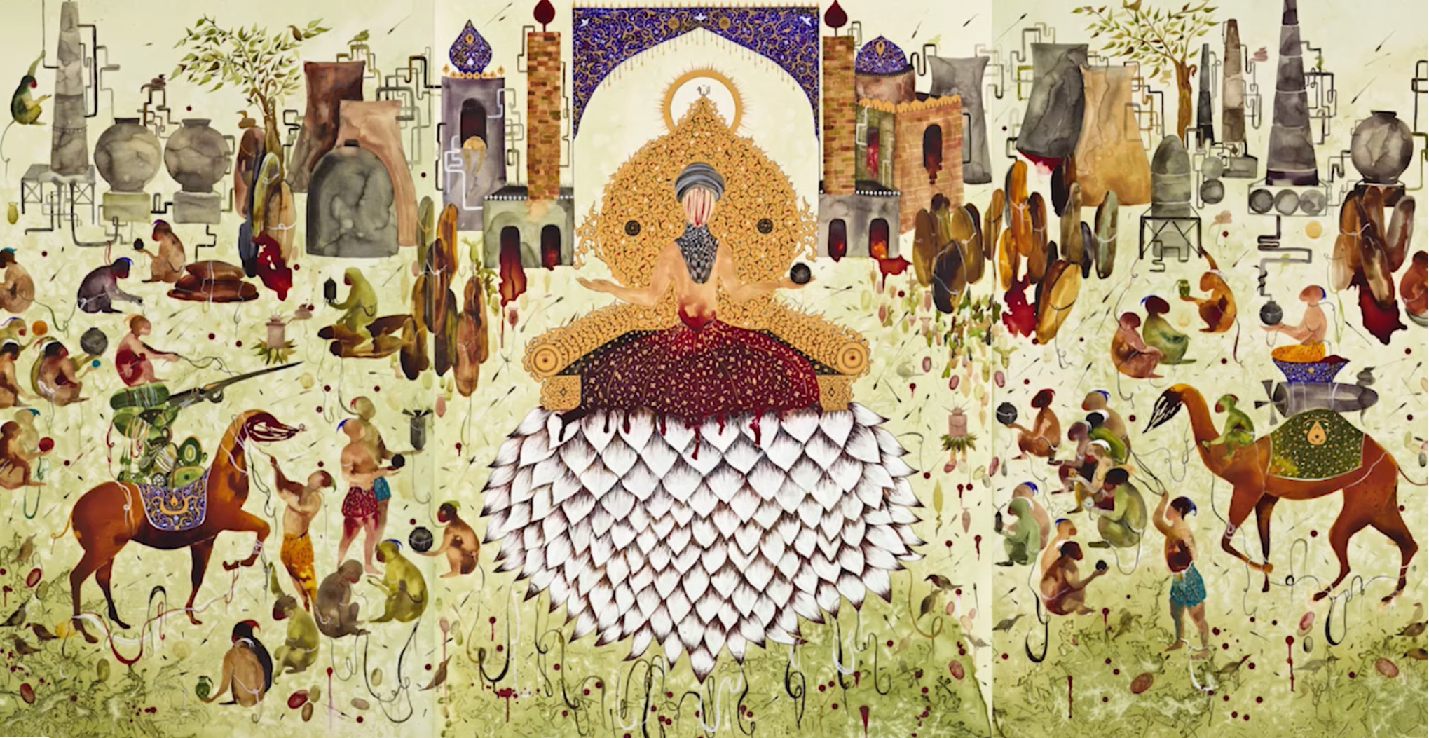 Shiva Ahmadi’s video animation Lotus, the central figure sits on a lotus flower in the familiar pose of the Buddha, before the piece evolves into issues of domestic tyranny