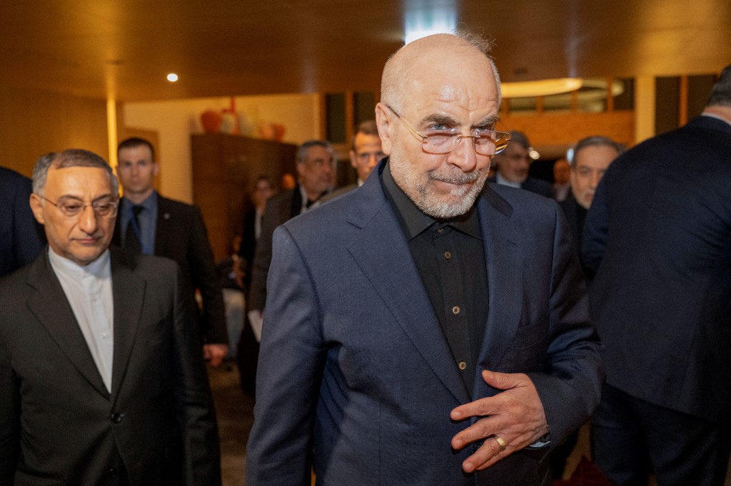 Speaker of the Parliament of Iran, Mohammad Bagher Ghalibaf (R) arrives at the Burgenstock resort in Obbuergen, near Lucerne on 21 June 2026. (AFP)