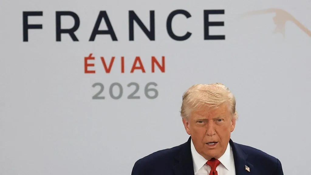 US President Donald Trump attends a meeting at the G7 summit, in Evian, eastern France, on 17 June 2026 (Ludovic Marin/AFP)