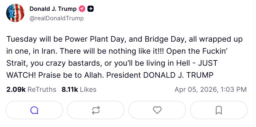 Trump post on Truth Social from 5 April 2026