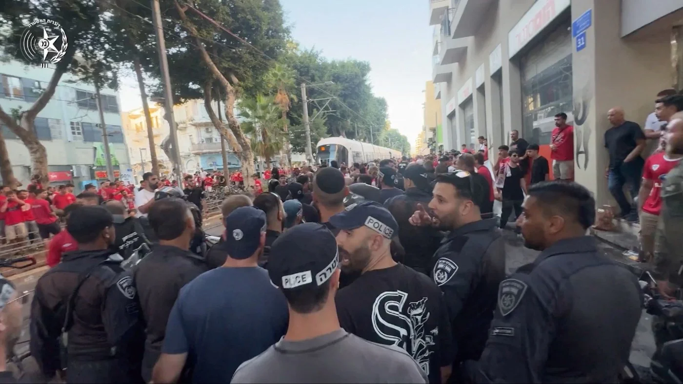 Israeli police outside Bloomfield Stadium in Tel Aviv, Israel in this screengrab from video released 19 October 2025 (Reuters)
