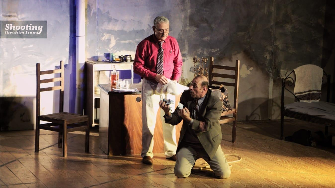 Hossam Madhoun (right) and Jamal Al Rozzi (left) in their production of 'The Emigrants' for their theatre company, 'Theatre for Everybody', performed in Gaza in February 2022 (Supplied)