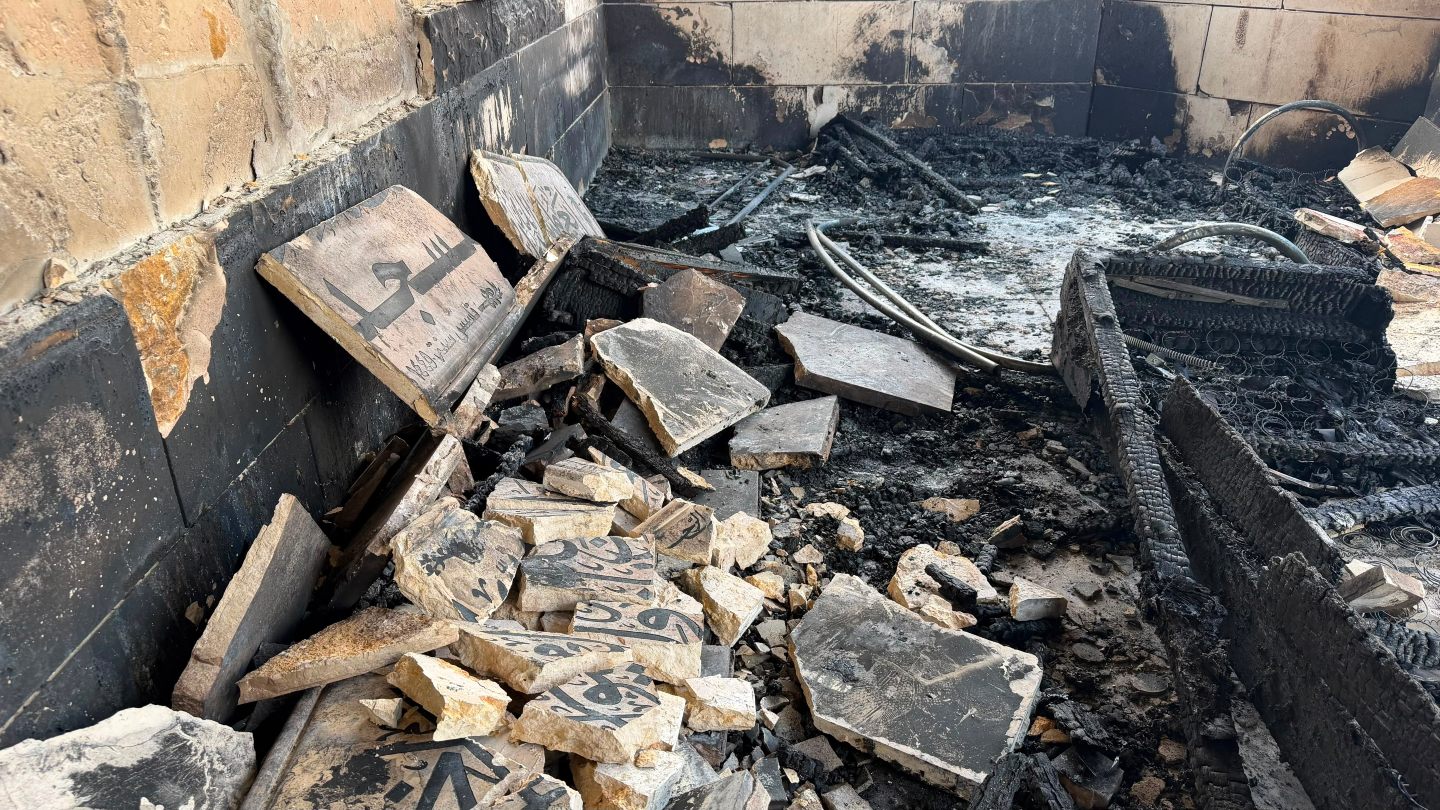 The fire-damaged interior of al-Rahma mosque is seen after an alleged settler arson attack in Qusra, south of Nablus in the occupied West Bank (Muhammed Ateeq/Middle East Eye)