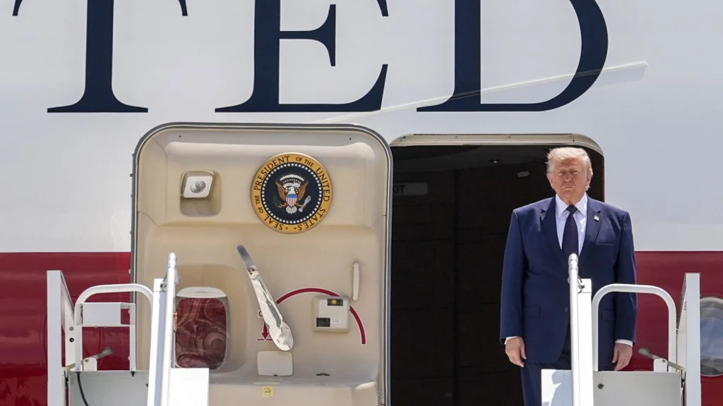 US President Donald Trump disembarks from Air Force One upon his arrival at Etimesgut Air Base near Ankara, on 7 July 2026, to attend the 36th Nato Heads of State and Government Summit (Osmancan Gurdogan/AFP)