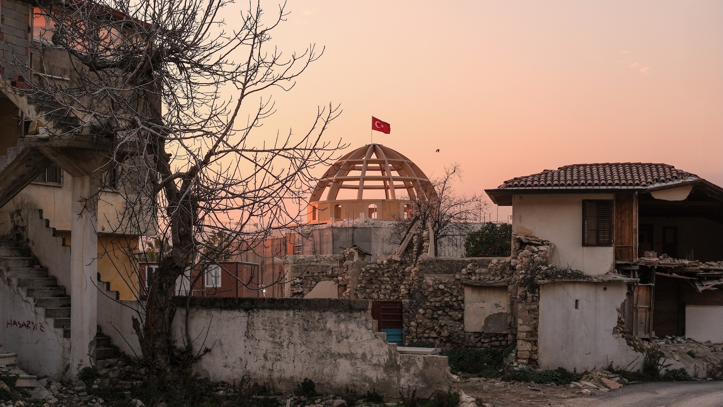 A view of the reconstruction of Habib-i Neccar mosque in old town Antakya, Hatay, Turkey on 4 February 2025 (MEE / Fikret Can Kusadali)