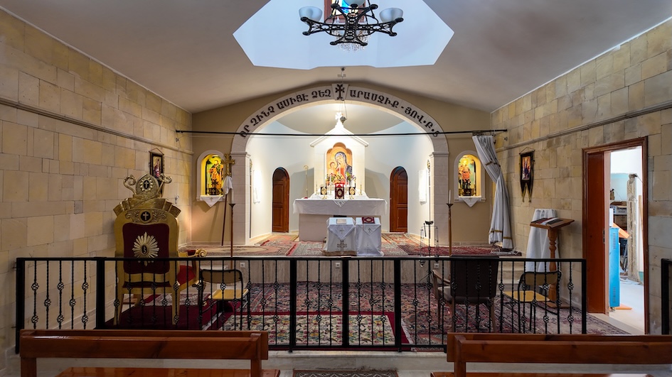 The church of the Holy Mother of God's interior seen as on 4 February 2025 in Vakifli, Hatay (Fikret Can Kusadali / MEE)