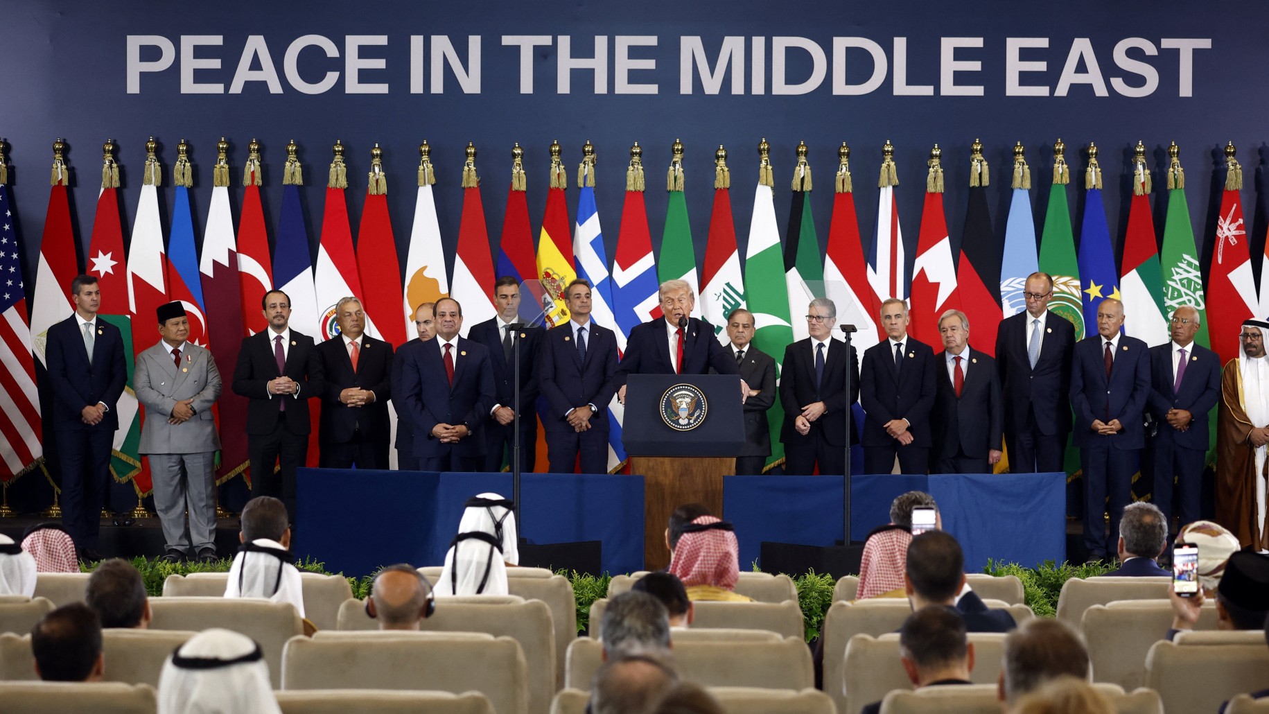 U.S. President Donald Trump speaks during a world leaders' summit on ending the Gaza war, amid a U.S.-brokered prisoner-hostage swap and ceasefire deal between Israel and Hamas, in Sharm el-Sheikh, Egypt, October 13, 2025.