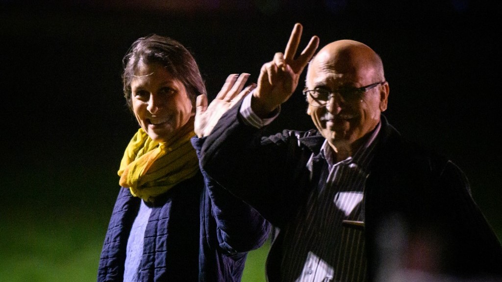 After they were freed in Iran, Anoosheh Ashoori and Nazanin Zaghari-Ratcliffe land at RAF Brize Norton in March 2022 (Leon Neal/AFP)