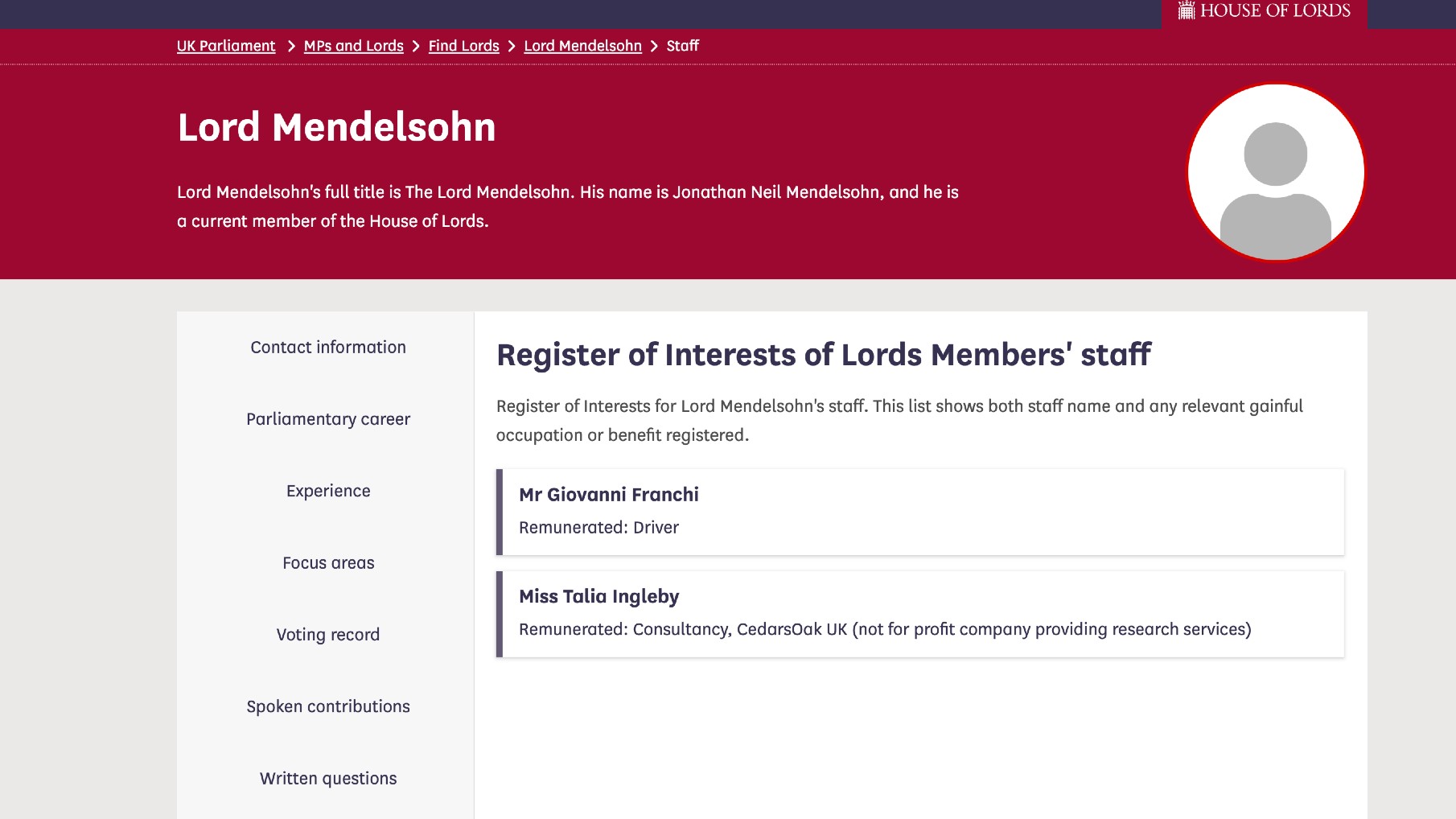 Lord Mendelsohn's parliamentary webpage seen on 11 April 2025 (Parliament.UK)