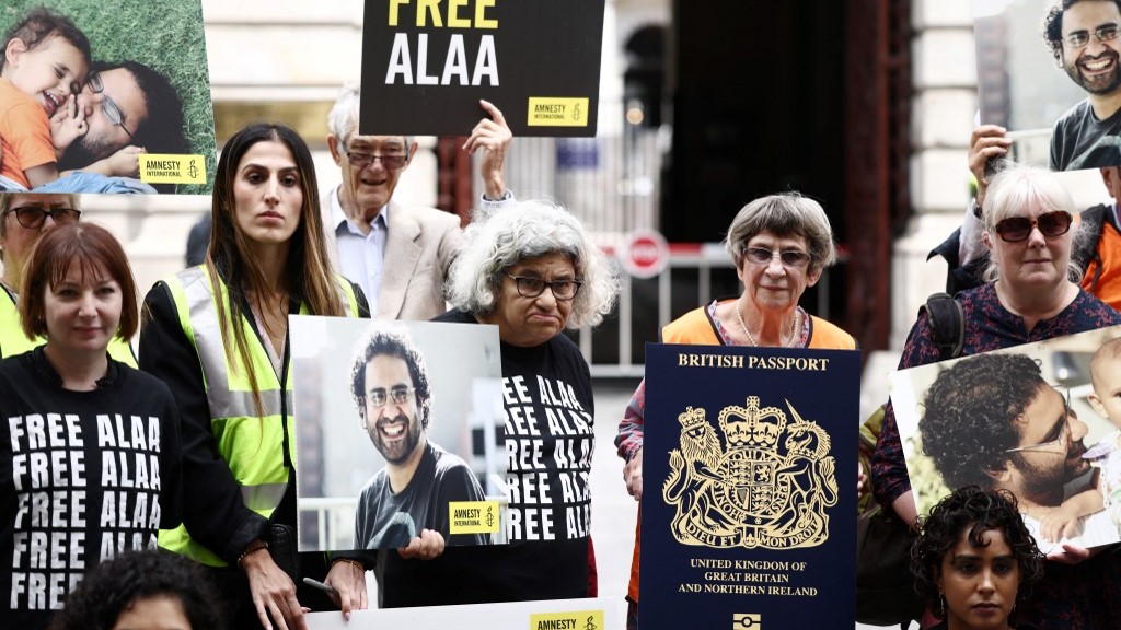 Protesters including Alaa Abd el-Fattah’s mother, Laila Soueif, protest in front of the Foreign Office in July 2023 (Henry Nicholas/AFP)