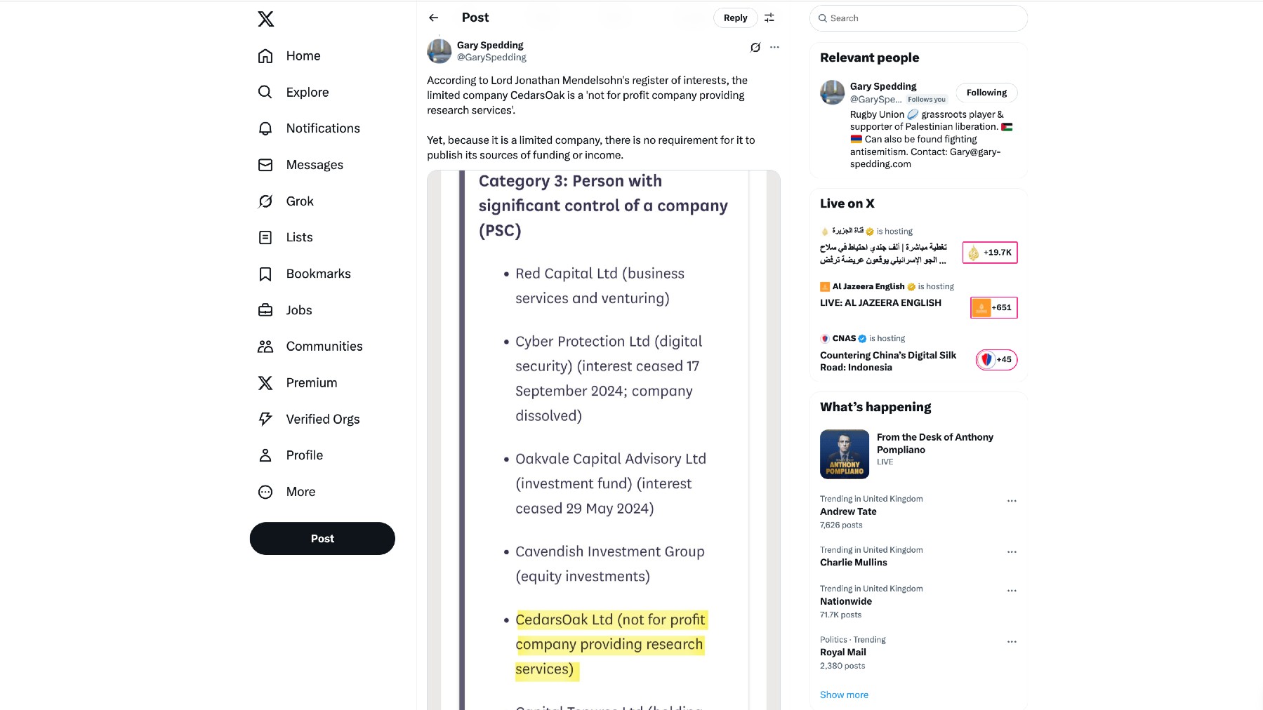 Screenshot of Lord Mendelsohn's register of interests tweeted by Spedding on 21 March 2025 (X)