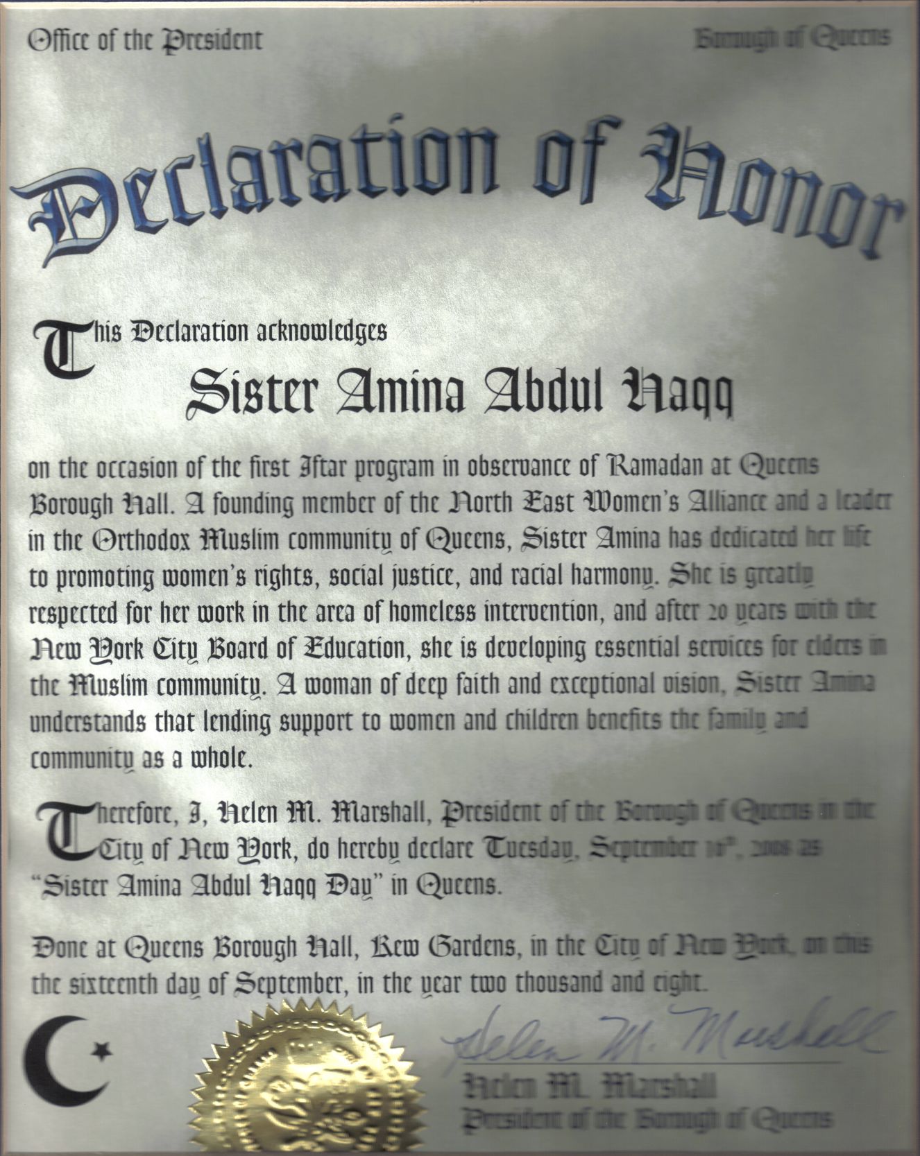 Certificate awarding Umi her own day in the city of New York for 'promoting women’s rights, social justice, and racial harmony'