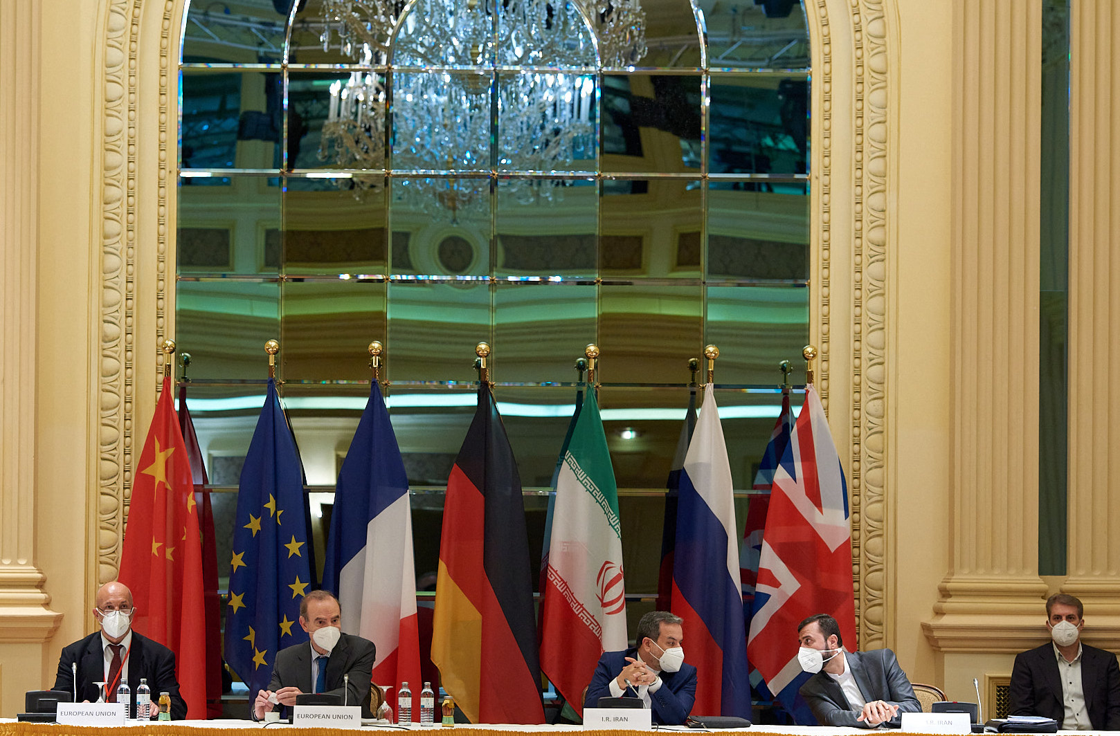 Delegation members from the parties to the Iran nuclear deal - Germany, France, Britain, China, Russia and Iran – attending a meeting in Vienna on 1 May, 2021 (AFP)