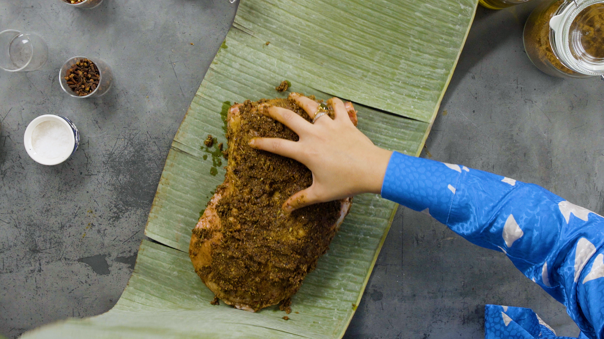 Wrap meat in banana leaves
