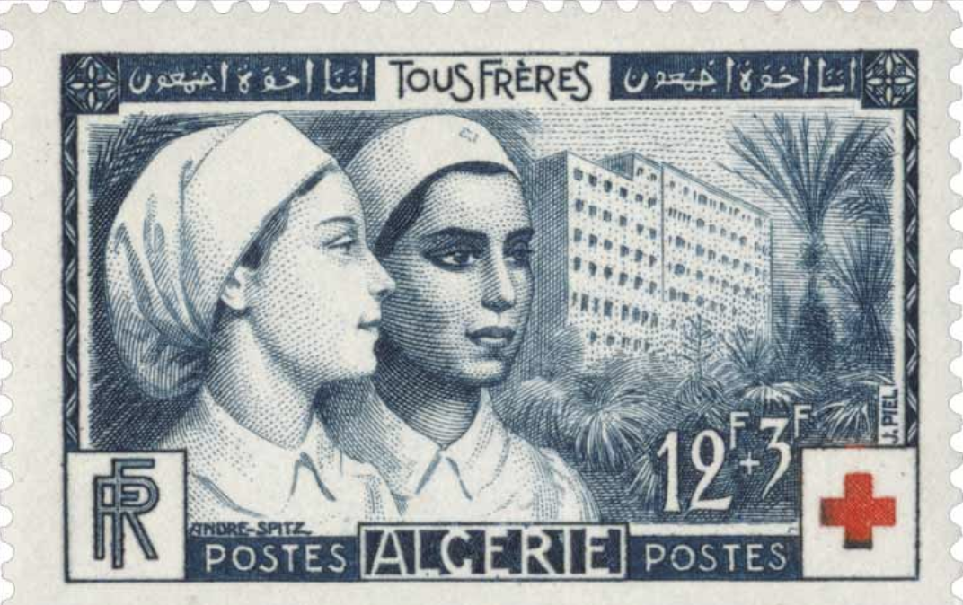 Timbre « Tous frères » montrant deux infirmières, l’une d’origine algérienne, l’autre européenne, devant l’hôpital Verdun d’Alger (WikiTimbres)