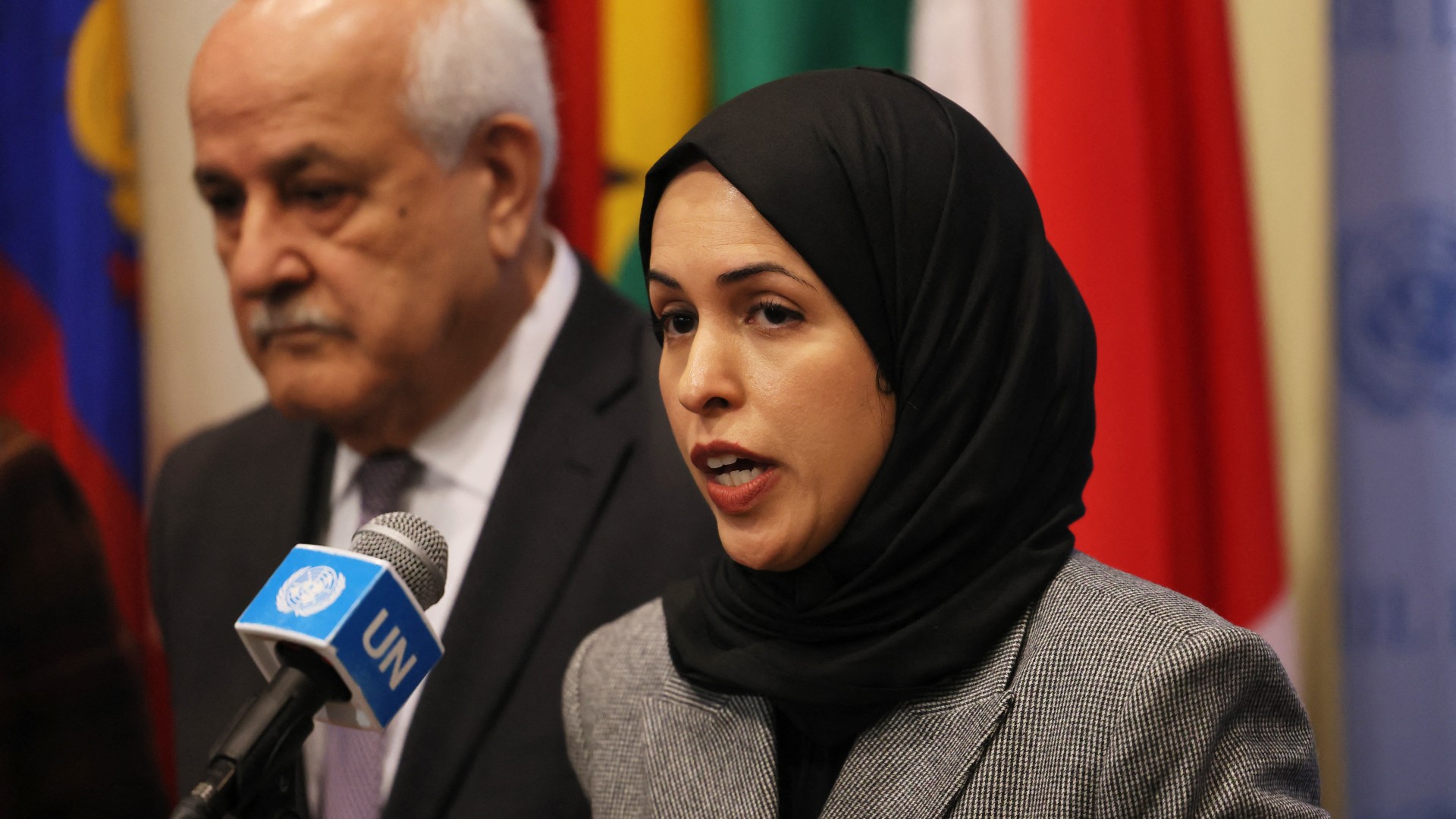 Permanent Representative of the State of Qatar to the United Nations Alya Ahmed al-Thani speaks during a press conference on 20 February 20, 2023