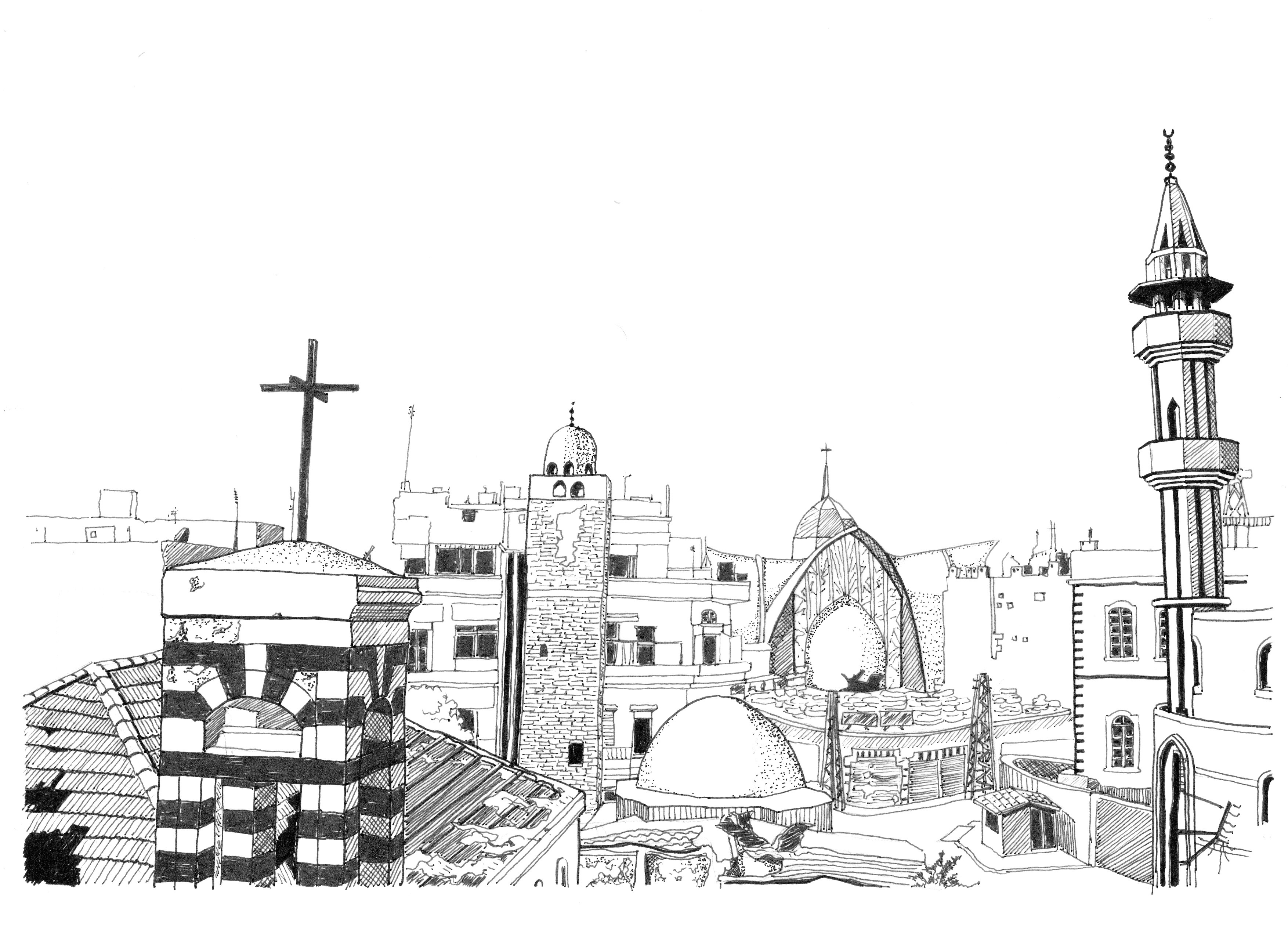 An area of ​​al-Hamidyah neighborhood, in old Homs, commonly known as between the two minarets. In the distance, we can see the damaged rear facade of the Catholic Church by Marwa al-Sabouni