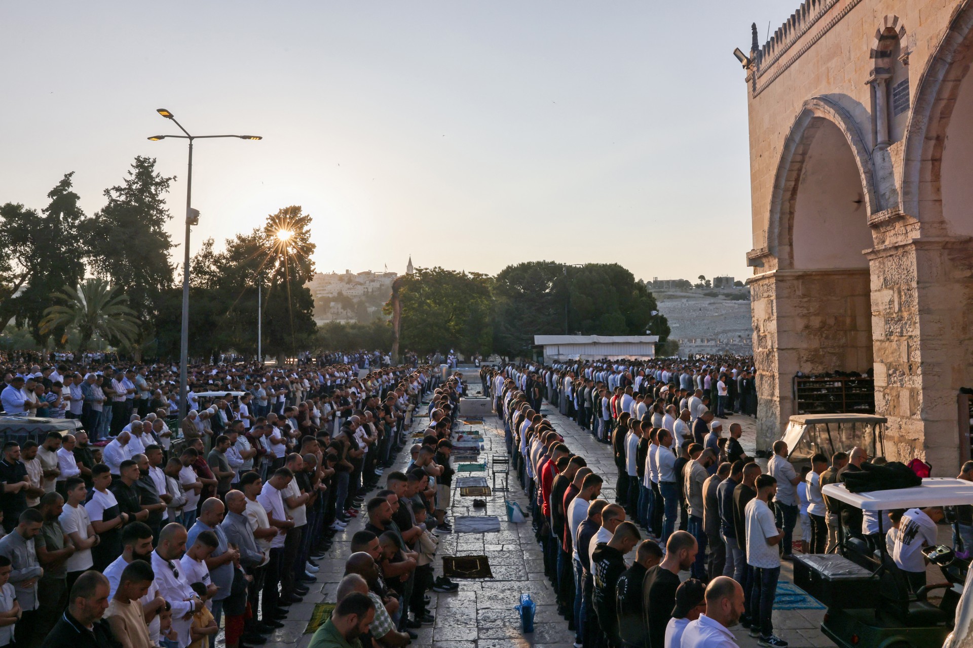 Muslims at a special morning prayer on the first day of the Eid al-Adha at Al-Aqsa Mosque in occupied East Jerusalem’s Old City (AFP/Ahmad Gharabli)
