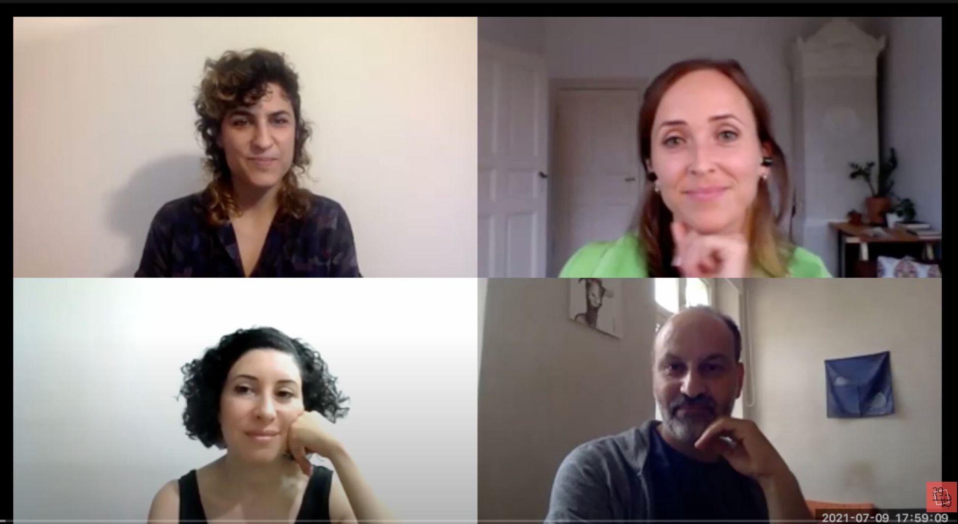 Translator Katharine Halls (top right) speaks with Arabic-German translator Sandra Hetzl (top left), writer Haytham El-Wardany (bottom right), and playwright Liwaa Yazji (bottom left) in a panel on Arab writing in Berlin