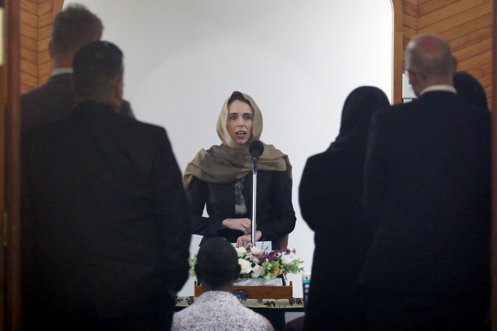 New Zealand Prime Minister Jacinda Ardern unveils a plaque in memory of the Christchurch victims on 24 September (AFP)