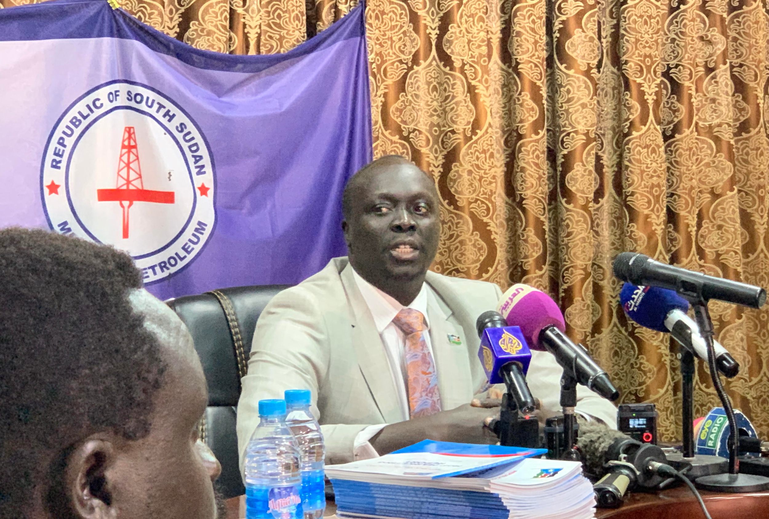 South Sudan Petroleum Minister Awow Daniel Chuang addresses a news conference in Juba (MEE/Denis Scopas)
