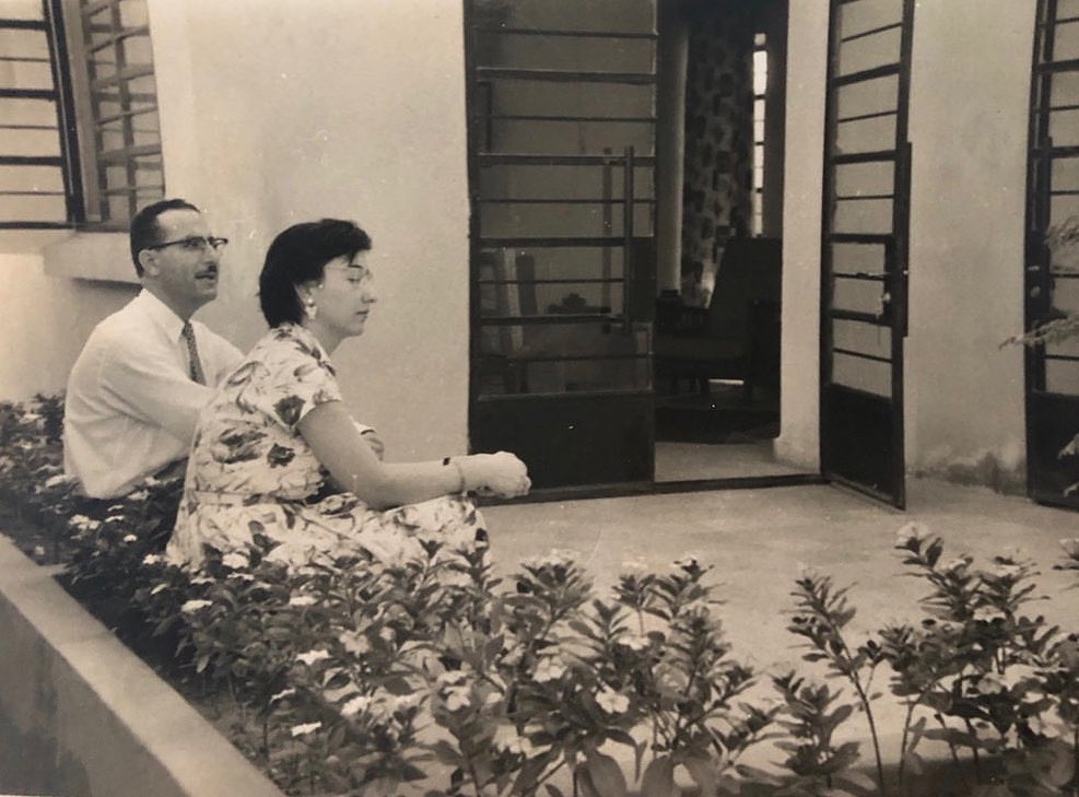 Ayah Bazian’s grandparents sitting in their garden in Jeddah, Saudi Arabia
