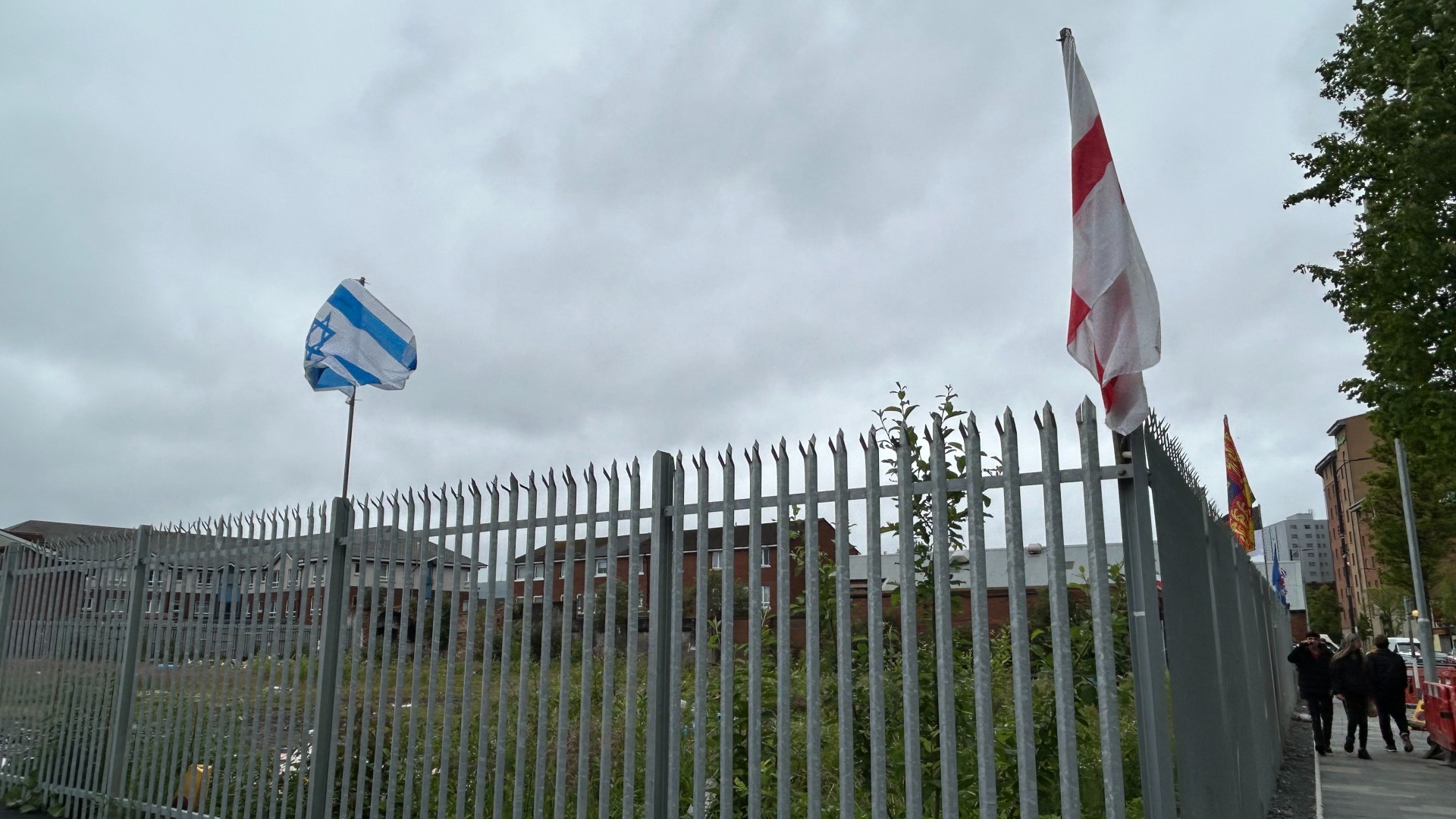 An Israeli flag flies on Sandy Row, south Belfast, on 11 June 2026 (Oscar Rickett/MEE)