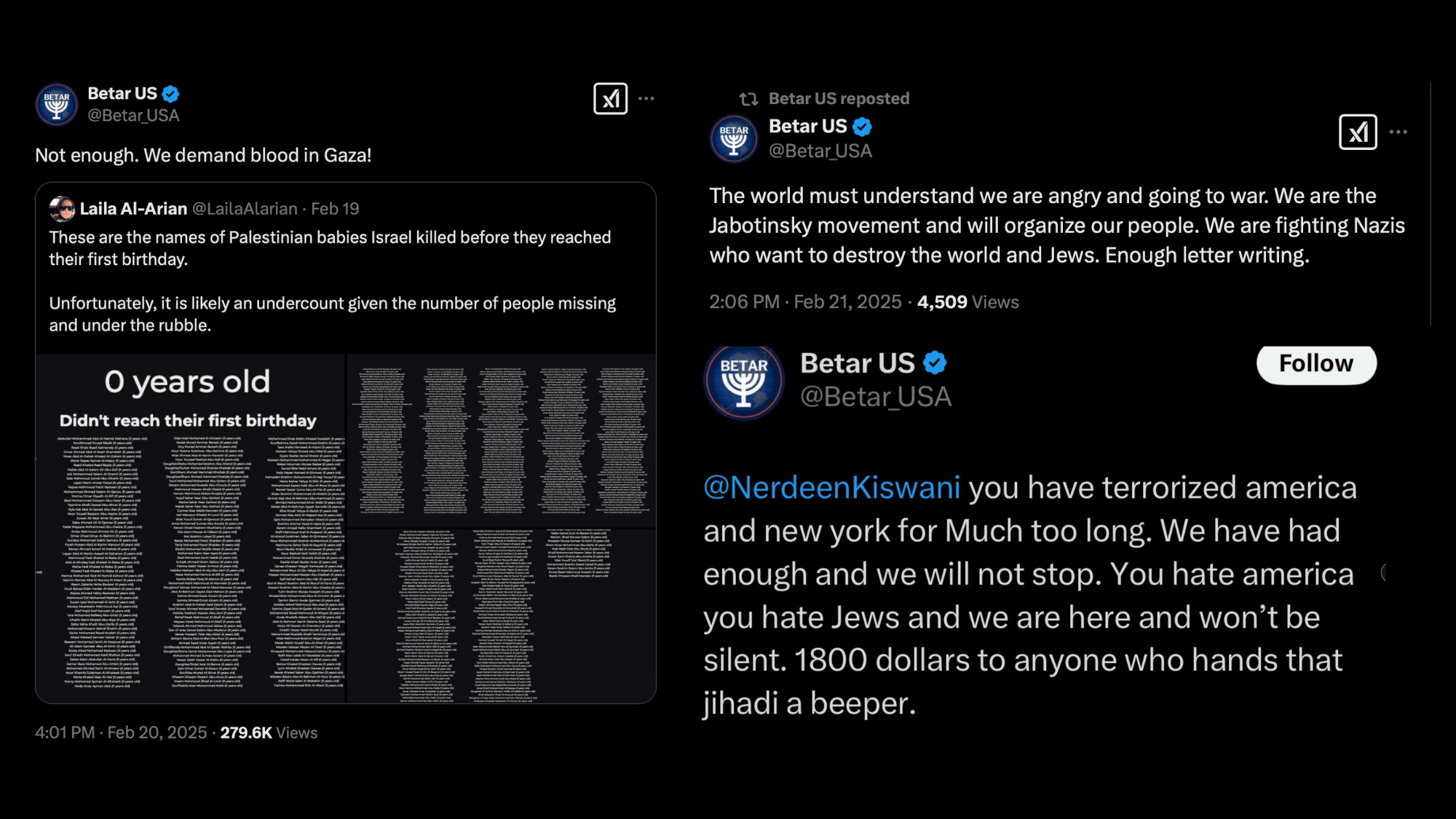 Select Screenshots of Betar's activities on X 