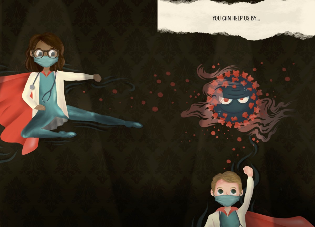 These superheroes wear N-95 masks and seafoam blue scrubs, a white coat trailed by a red cape