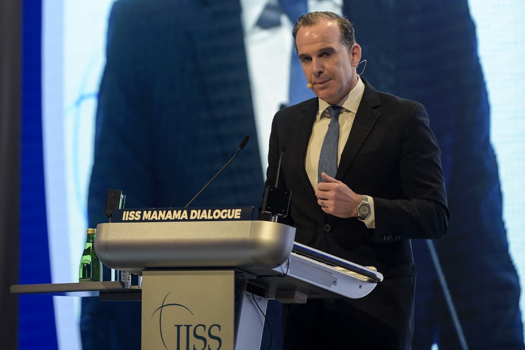 US National Security Council Coordinator Brett McGurk speaks during the IISS Manama security conference, in Manama, Bahrain, 18 November 2023 (Mazen Mahdi/AFP)