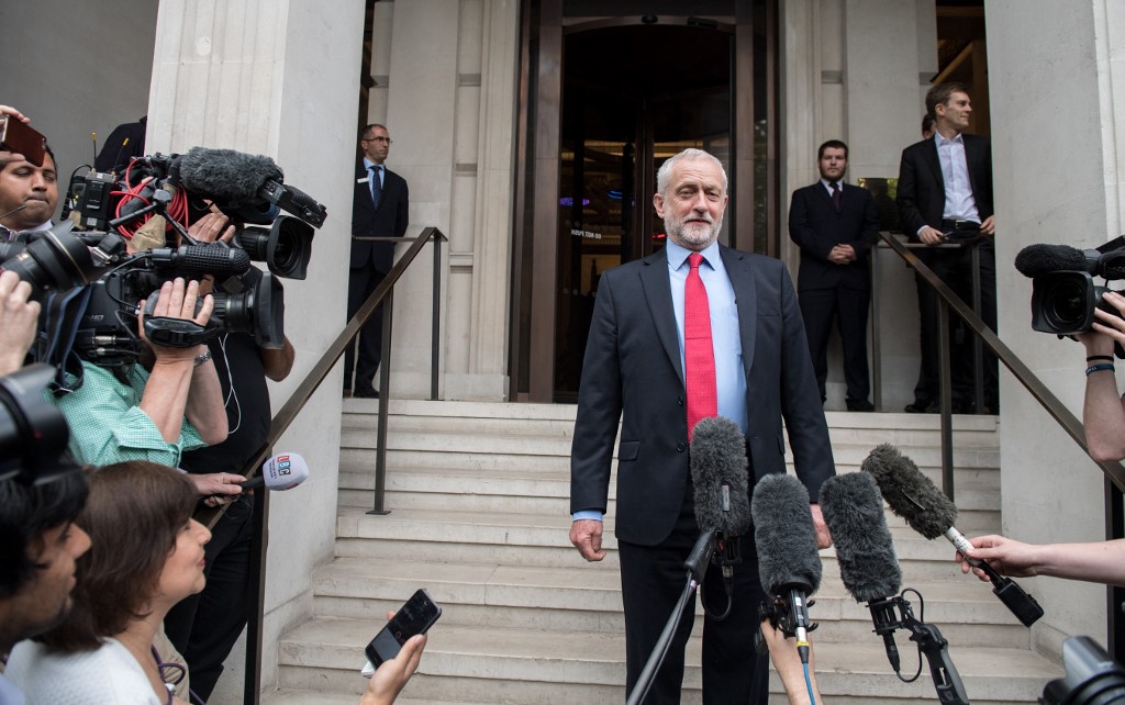 Jeremy Corbyn, then the British Labour leader, speaks to the media in London in May 2017 (AFP)