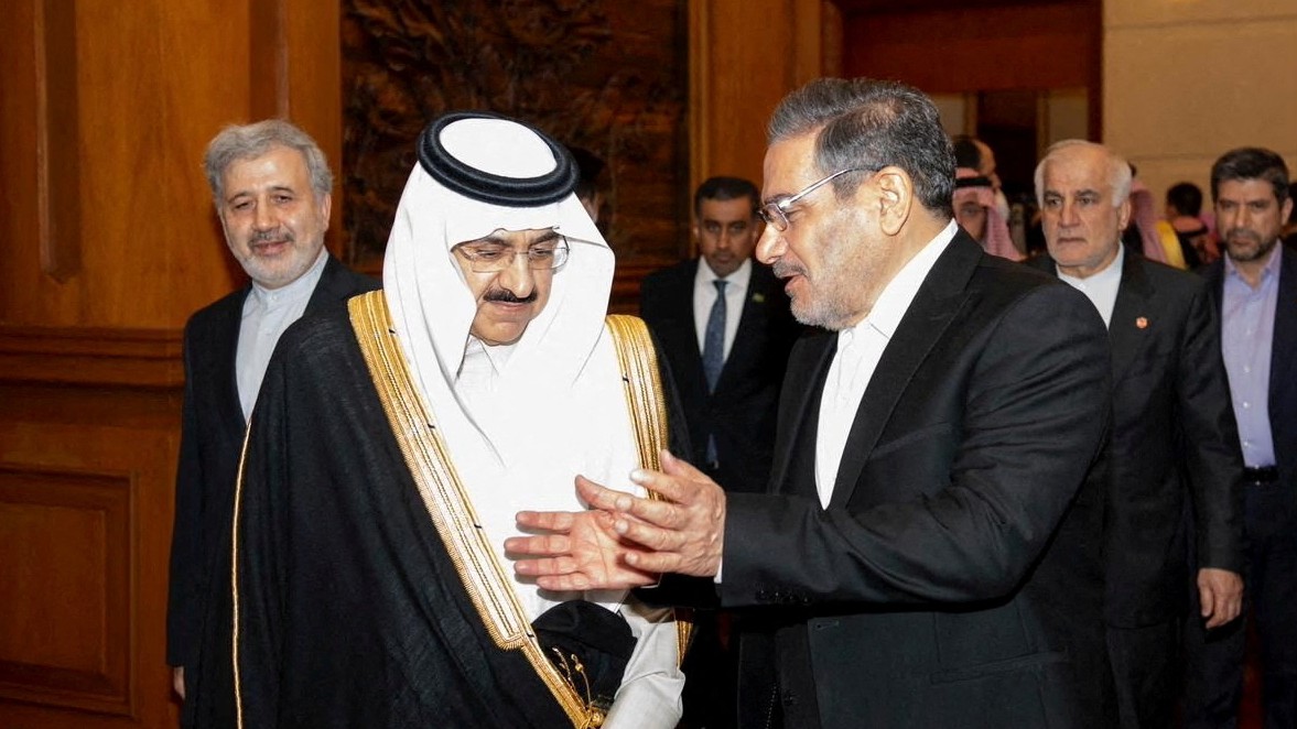 Secretary of Iran's Supreme National Security Council Ali Shamkhani talks with Minister of State and national security adviser of Saudi Arabia Musaad bin Mohammed Al Aiban during a meeting in Beijing, China March 10, 2023.