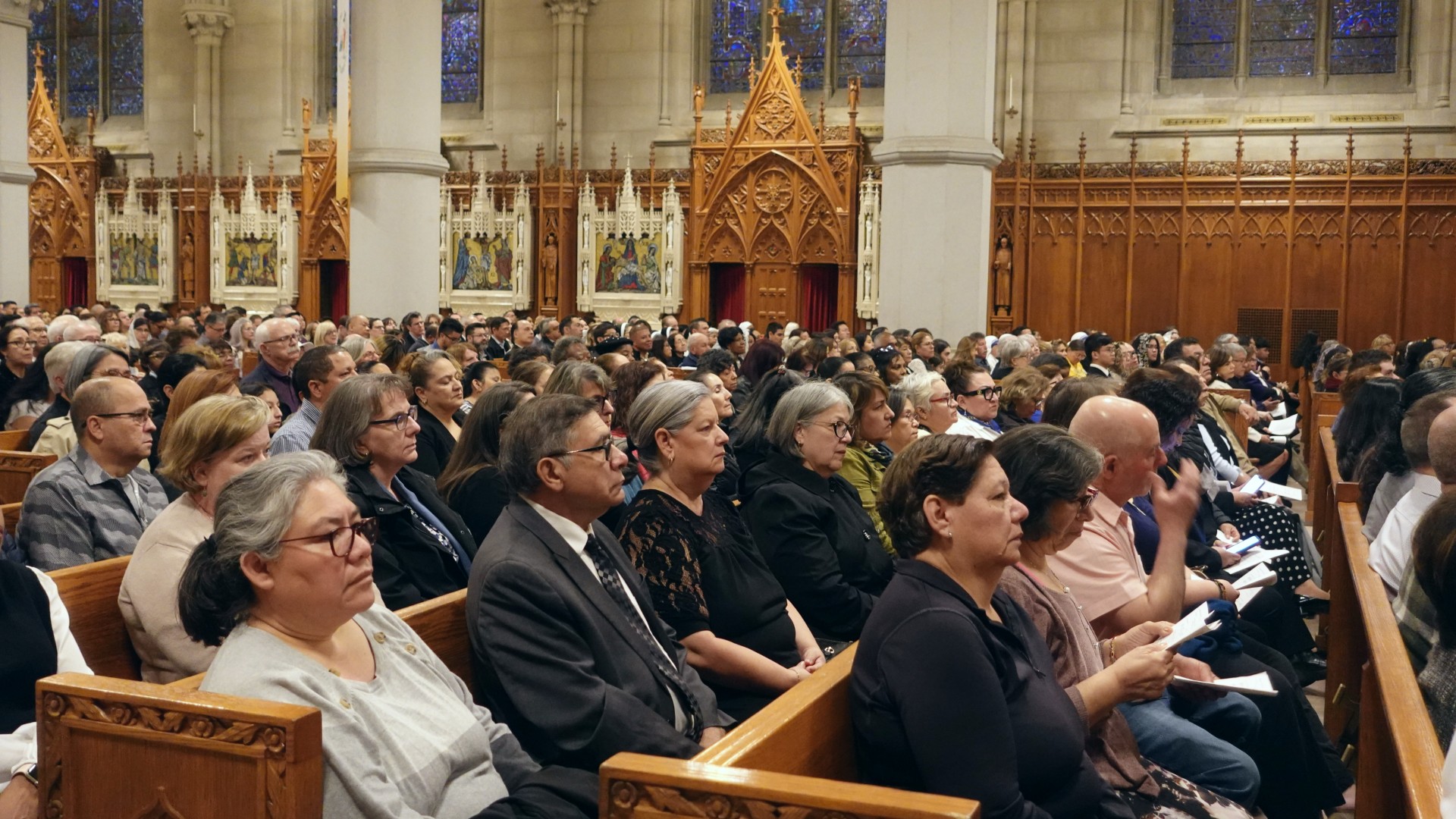 The mass held for Pope Francis at the Cathedral Basilica of the Sacred Heart in Newark, New Jersey,on 22 April 2025 (Azad Essa/MEE)