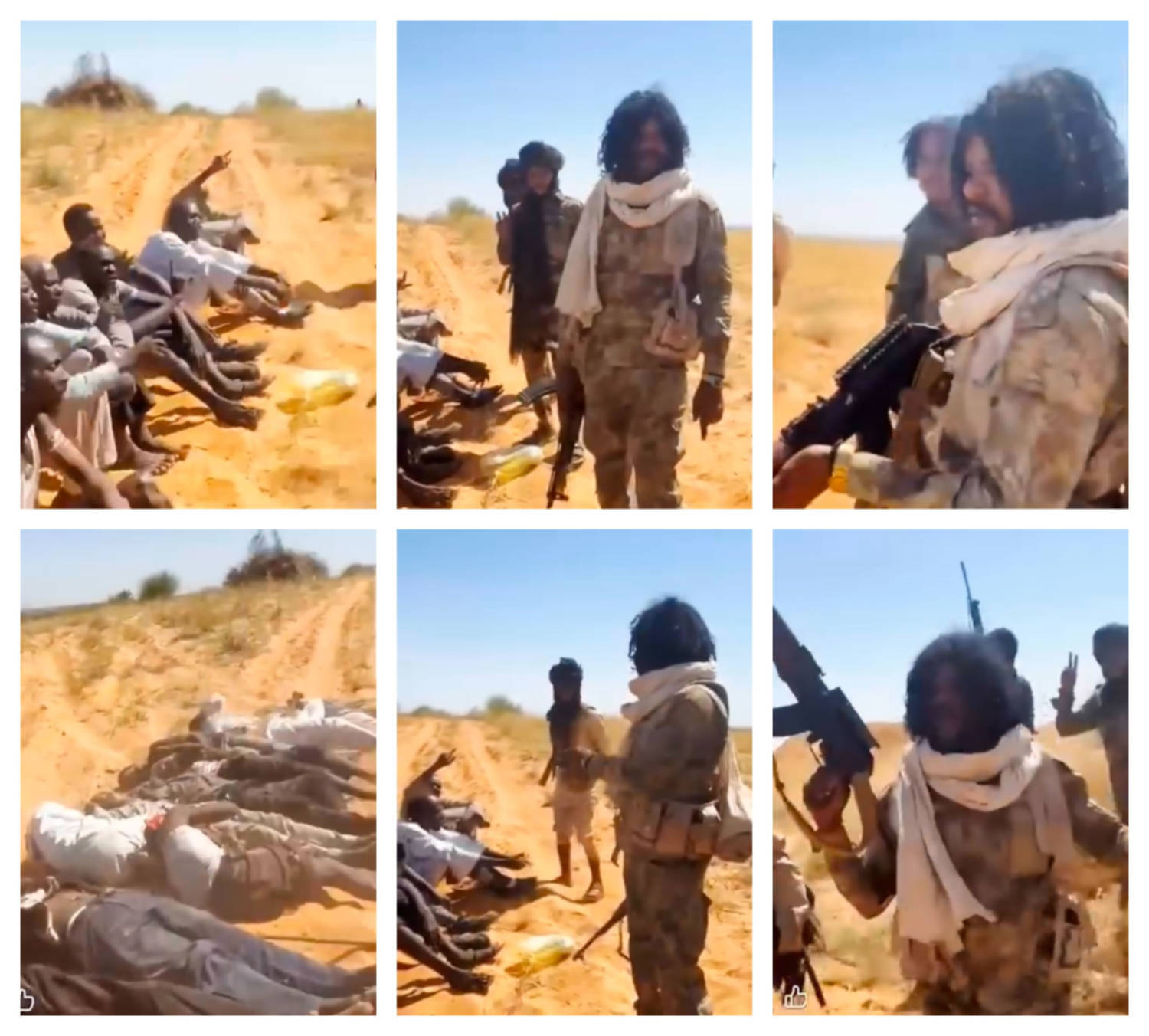 A man that appears to be RSF commander Abu Lulu kills ten men detained and sat unarmed on the ground (social media)