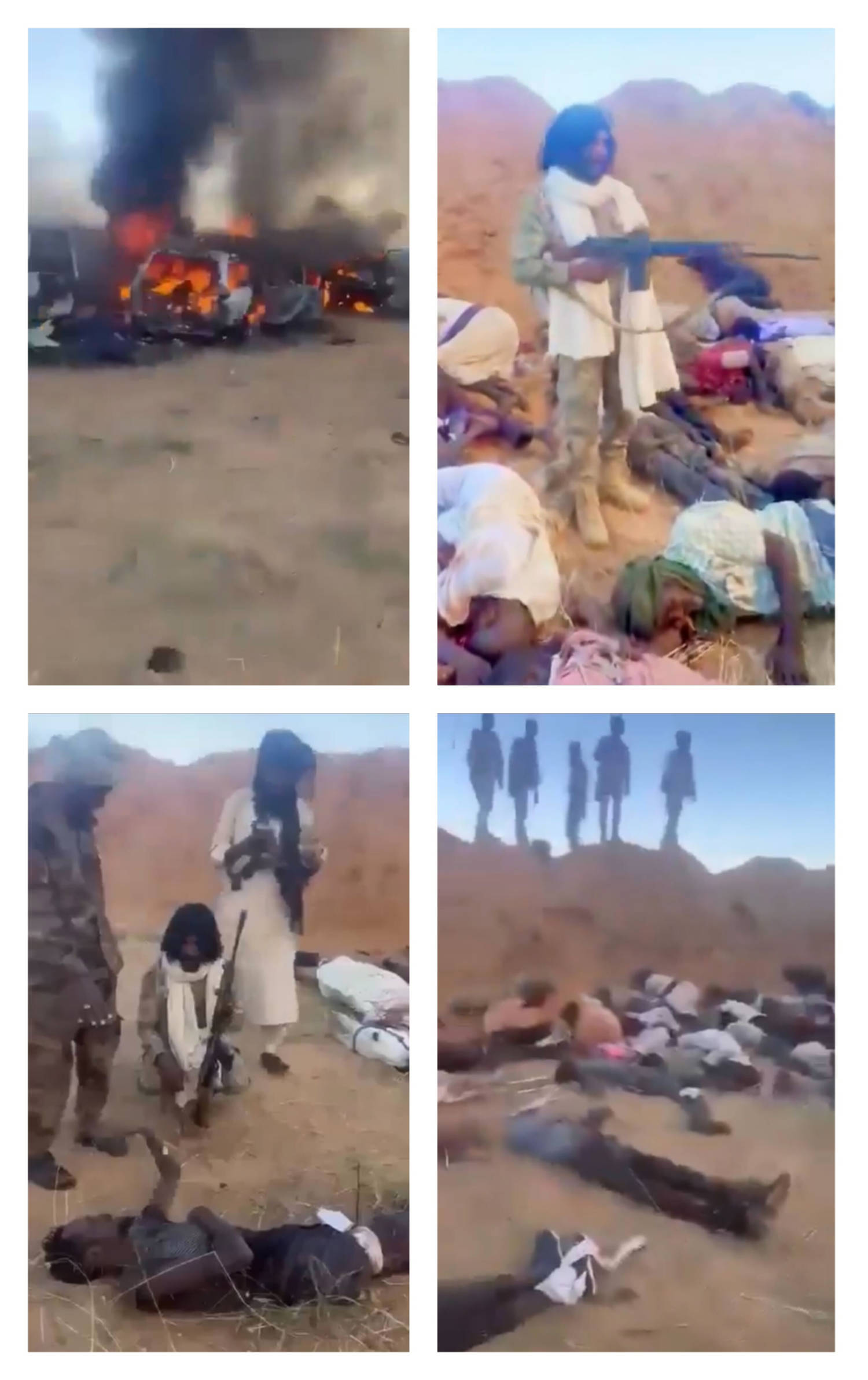 A man who appears to be RSF commander Abu Lulu stands amid dead bodies and speaks to a wounded man before killing him (social media)