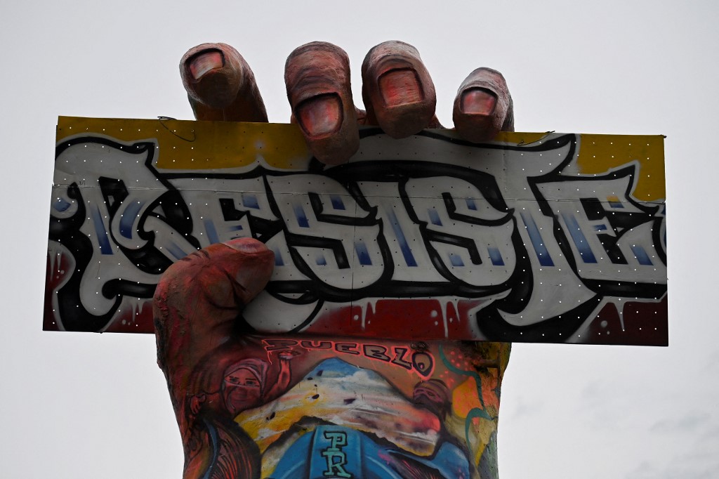 Part of the monument to the resistance built by protestors and locals is seen in Cali, Colombia, amid ongoing protests against the government of Colombian President Ivan Duque, on June 13, 2021.