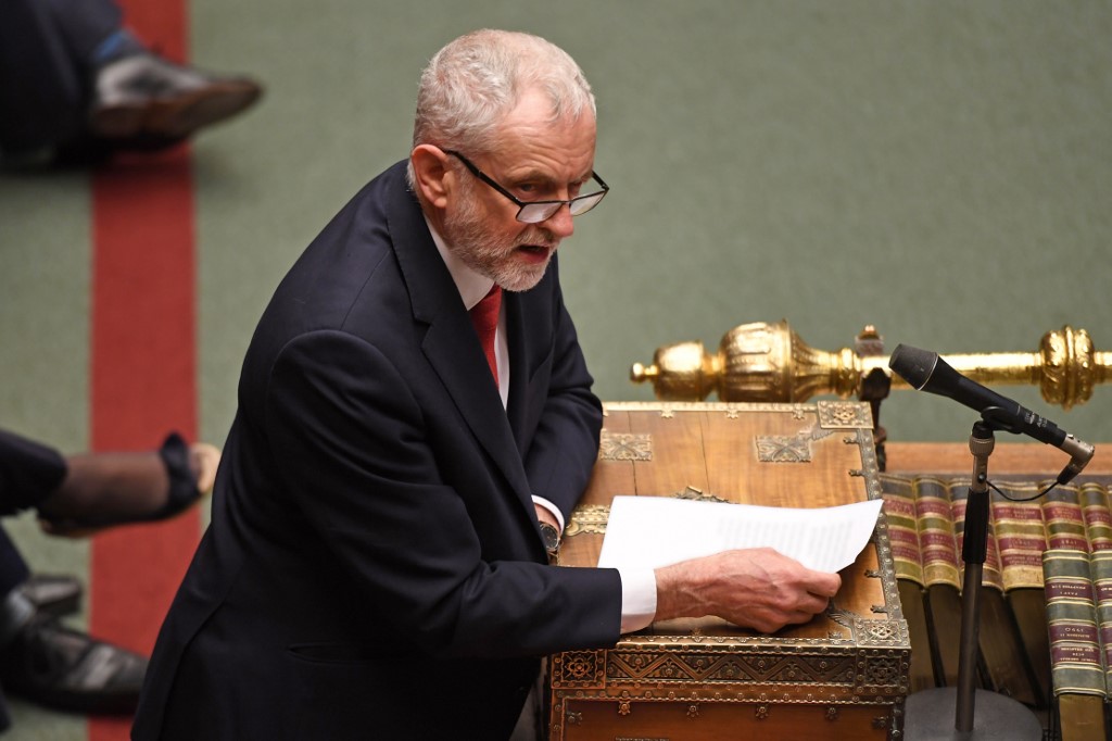 British Labour leader Jeremy Corbyn speaks in London on 15 January (Jessica Taylor/UK Parliament/AFP)