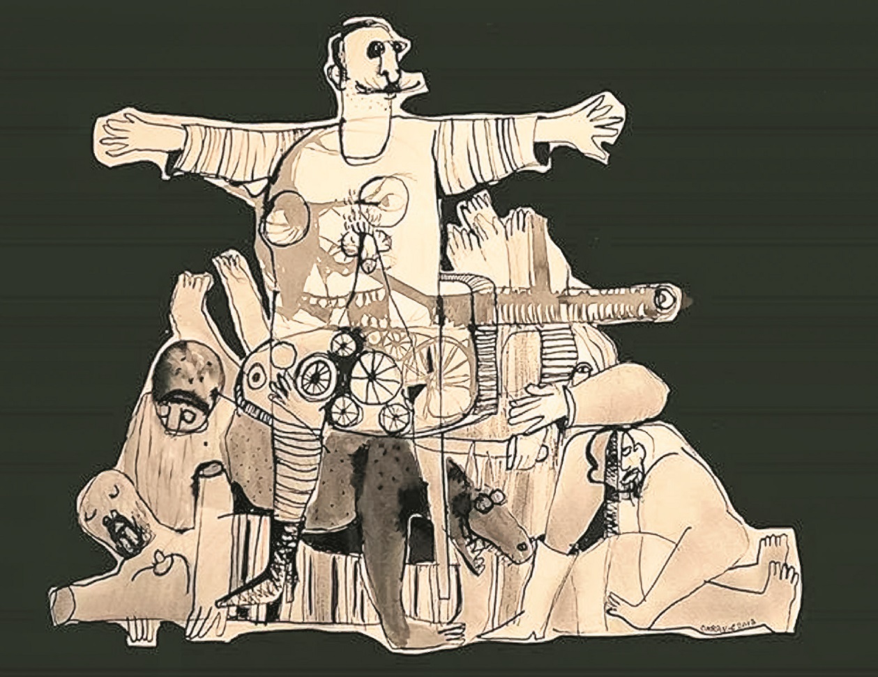 Mohamad Omran, « De al-Bayda à Ras al-Nabeh », 2013, dessin. Le 11 avril 2011, les membres de la Sûreté syrienne et des chabiha pro-régime envahissent Bayda, arrêtent tous les hommes et les humilient