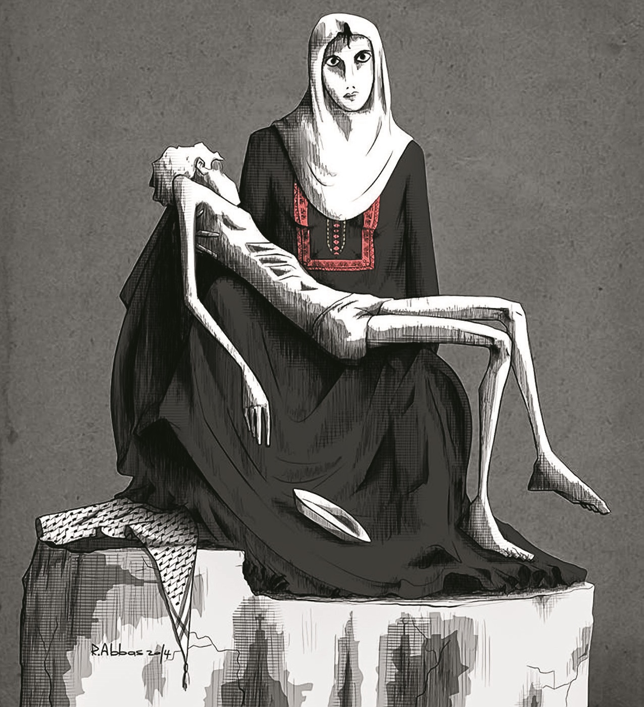Rami Abbas, « Sans merci », 2014, dessin. Le 13 juillet 2012, au moment du massacre de Treymsseh, des dizaines de milliers de personnes défilent dans les rues du camp de Yarmouk pour exiger la levée du siège de Tadamon, quartier voisin de la capitale. La Sûreté tire à balles réelles, tuant des dizaines de personnes. Le lendemain, les funérailles des martyrs sont l’occasion de la plus grande manifestation qu’ait jamais vécue Damas