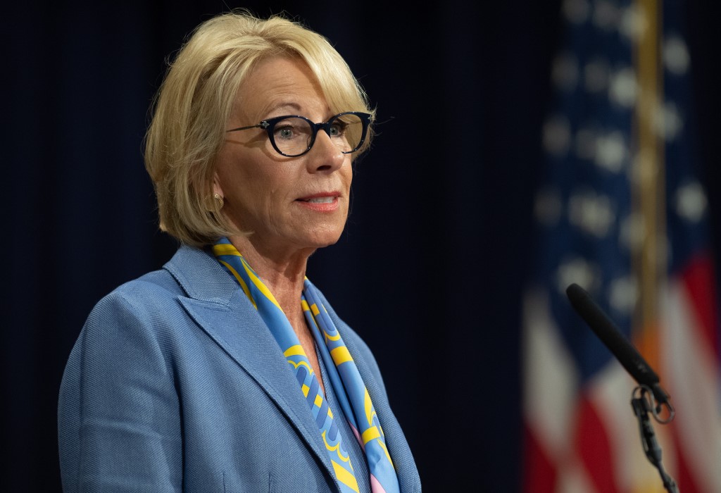 DeVos speaks during a summit on combatting antisemitism in Washington on 15 July (AFP)